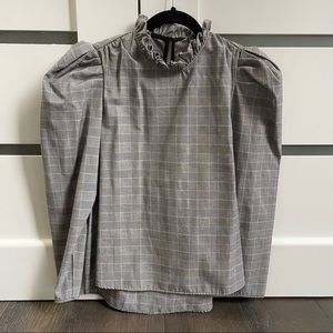 Zara Houndstooth Puffy Sleeve Ruffle Neck